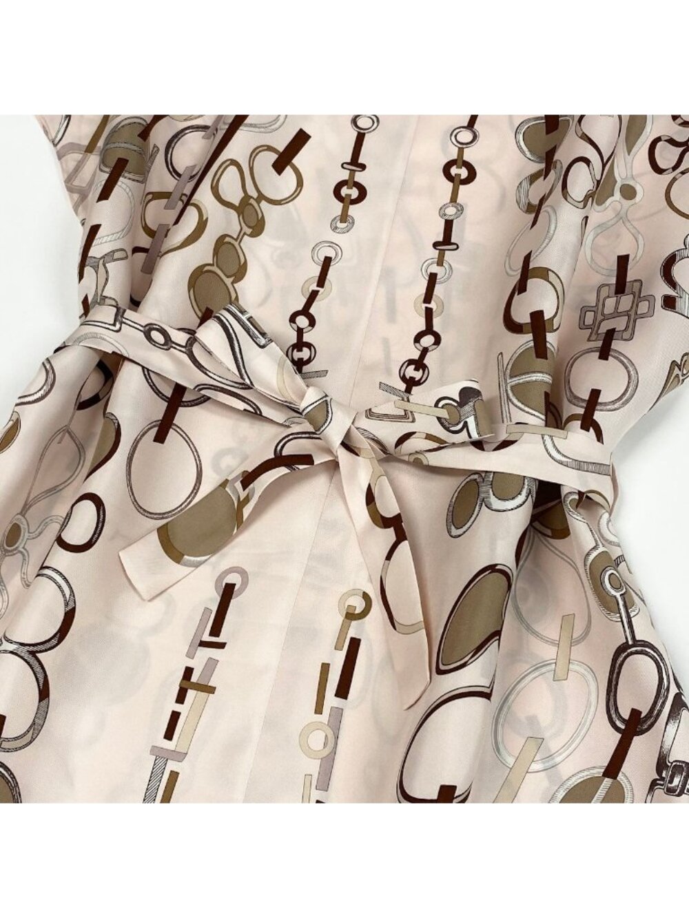 Hermes Re Boucles Printed Dress French Sleeve with Belt 44 Light Pink Silk - Picture 6 of 11